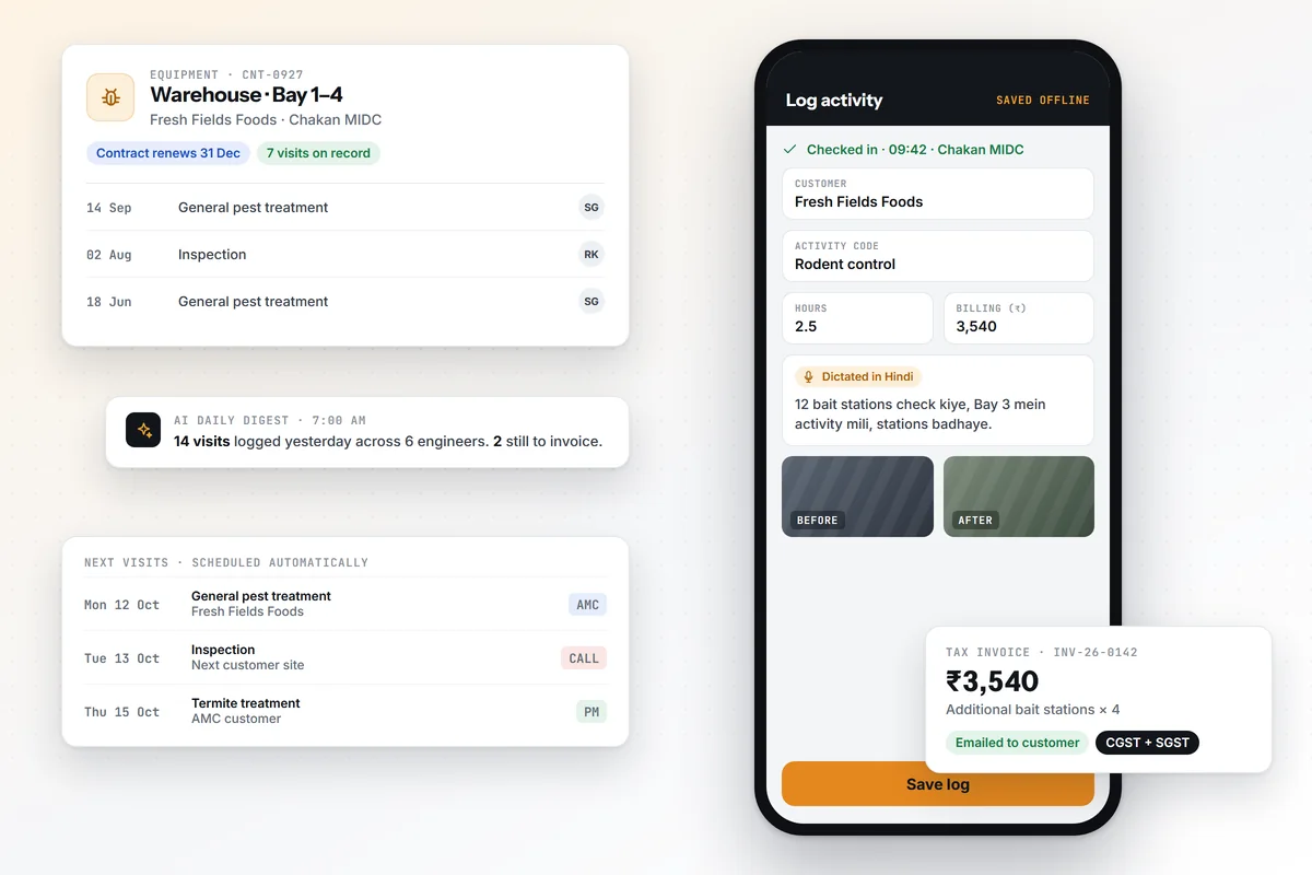 Illustrative Paimal screens for Pest control: Warehouse · Bay 1–4 at Fresh Fields Foods, a rodent control logged by the engineer, and the invoice that follows